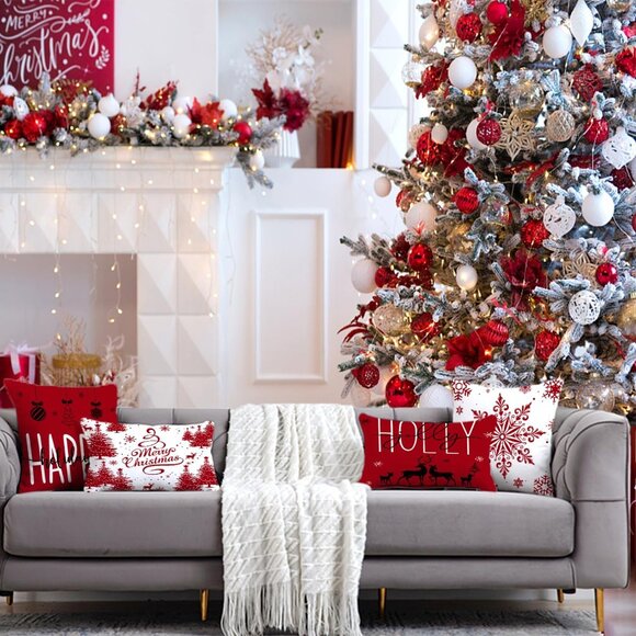 🆕 Christmas Pillow Covers Farmhouse Decorations Happy Holidays Holly Jolly Sofa - Picture 6 of 6